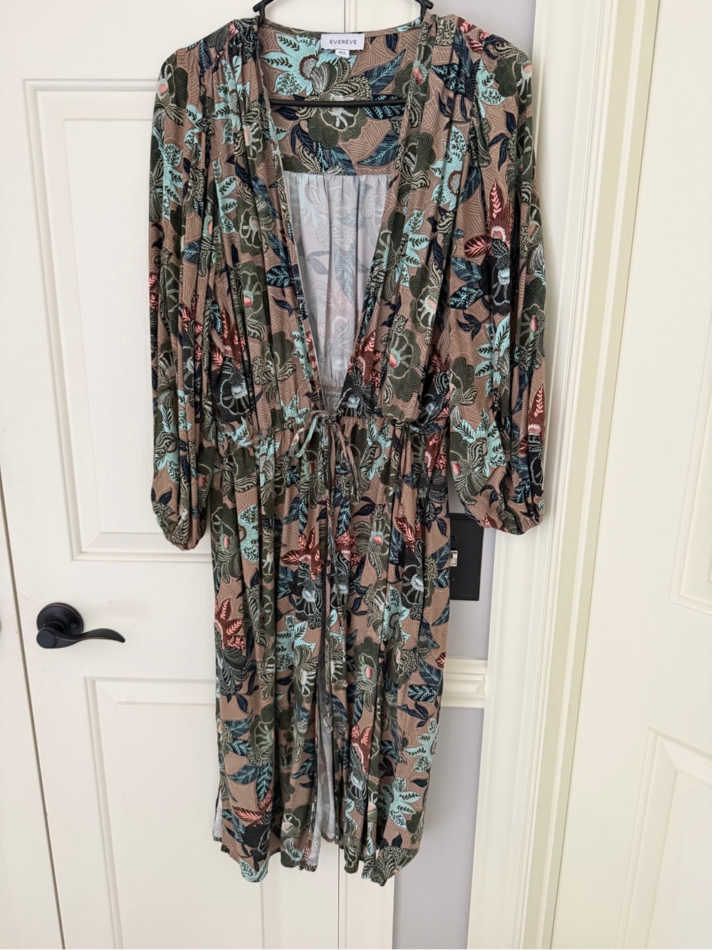 Evereve Taupe Floral Wrap Tunic with Teal & Olive Accents